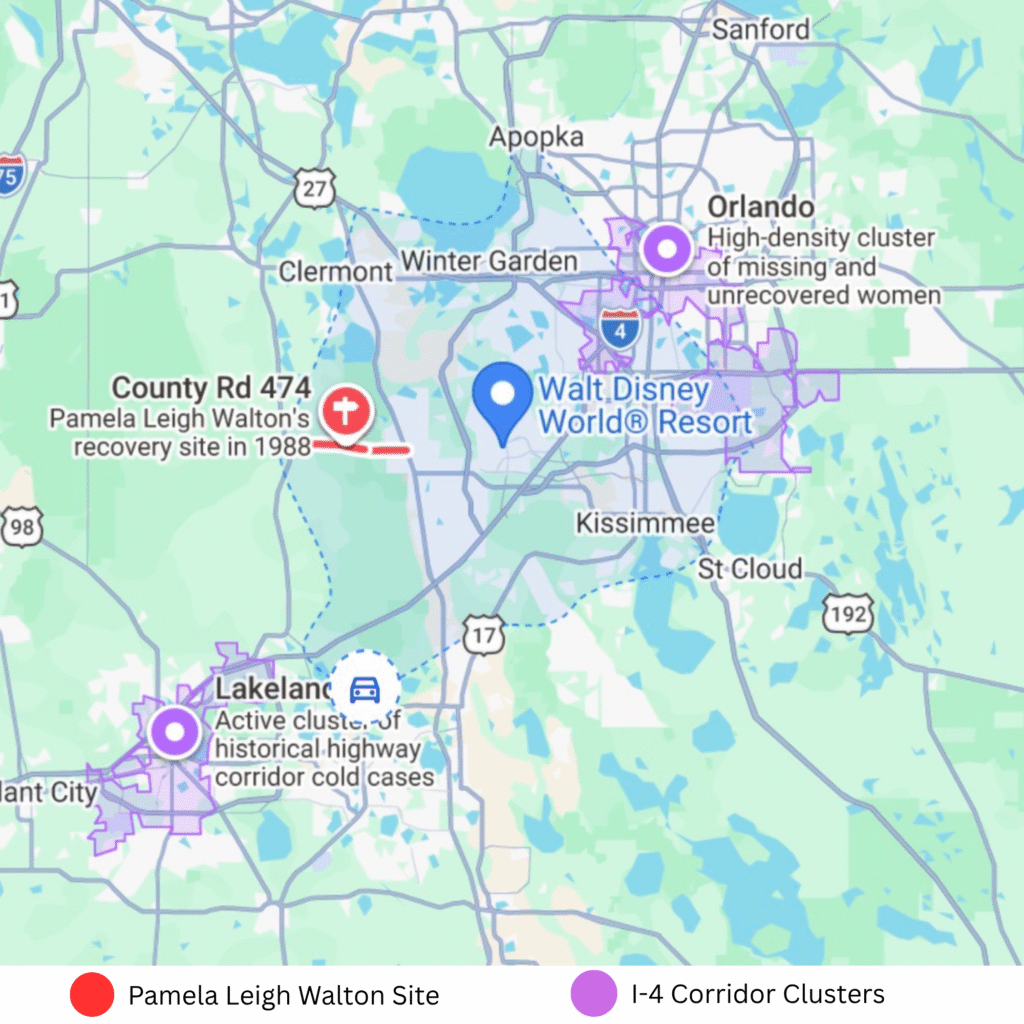 Geographic map of Central Florida highlighting the Interstate 4 corridor, with colored markers showing the location where Pamela Leigh Walton was found in Lake County relative to known clusters of unsolved homicides and recovered bodies of women along I-4 between Tampa and Daytona Beach.