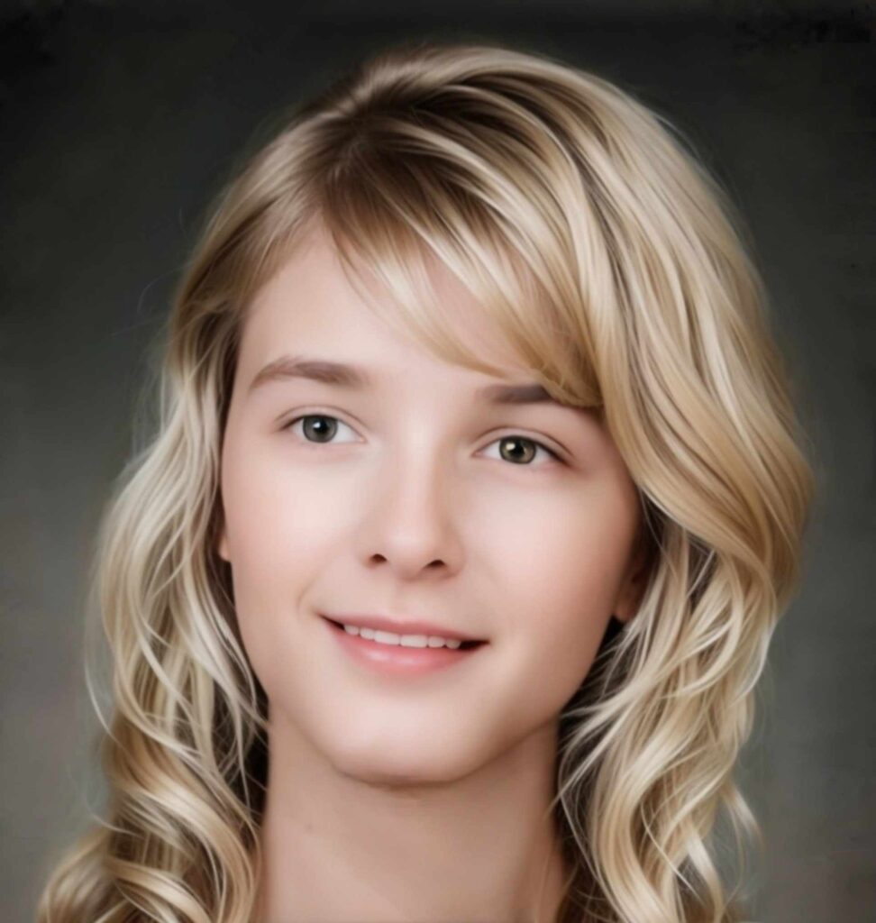 A digital rendition showing an approximation of how Pamela Leigh Walton may have looked as a transgender woman, featuring shoulder-length styled hair, soft facial features, and subtle makeup.