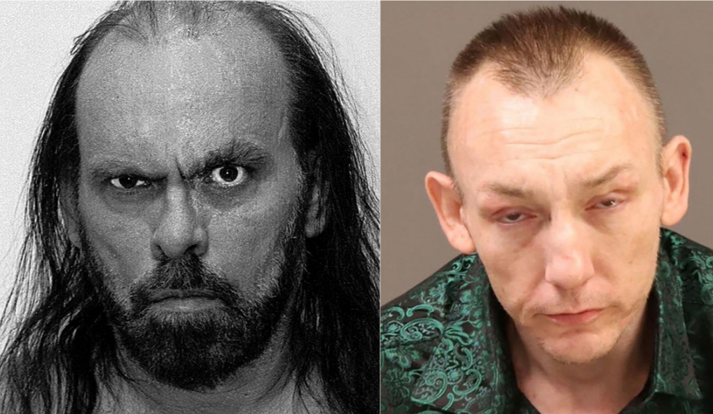 Side-by-side police mugshots of father and son Raymond and Eugene Horsch. On the left is a 1999 booking photo of a middle-aged Raymond Horsch looking directly ahead. On the right is a recent booking photo of 44-year-old Eugene Horsch with a shaved head and a neutral expression.