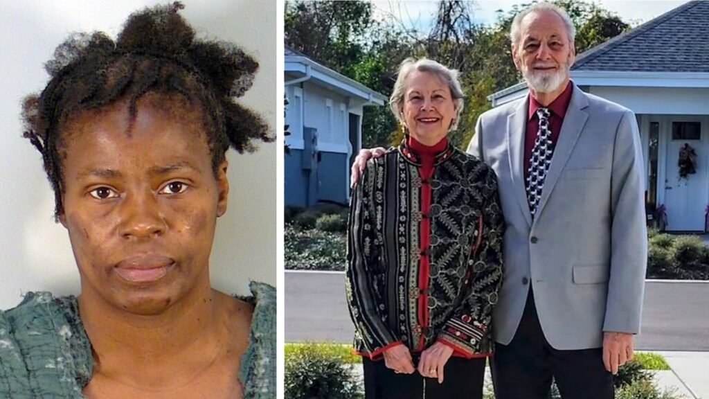A side-by-side composite photo. On the left is the mugshot of Vickie Lynn Williams. On the right is a photograph of victims Daryl and Sharon Getman, a senior couple, smiling together.