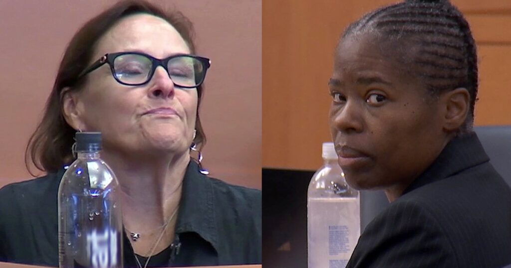 A side-by-side video still from courtroom footage. On the left, Brittany Getman, the daughter of murder victims Darryl and Sharon Getman, speaks emotionally while testifying on the witness stand. On the right, defendant Vickie Williams is shown seated next to her defense counsel inside the Lake County courtroom.