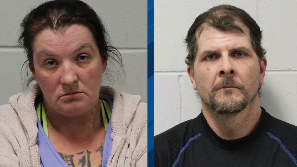 Side-by-side booking mugshots of Cortney Bartholomew and her husband Bradly Bartholomew, both looking soberly into the camera.