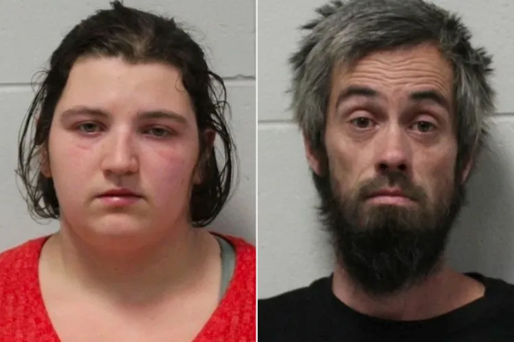 Side-by-side police mugshots of Kimberly Park on the left and Richard Falor on the right, both facing forward against a neutral jail backdrop.